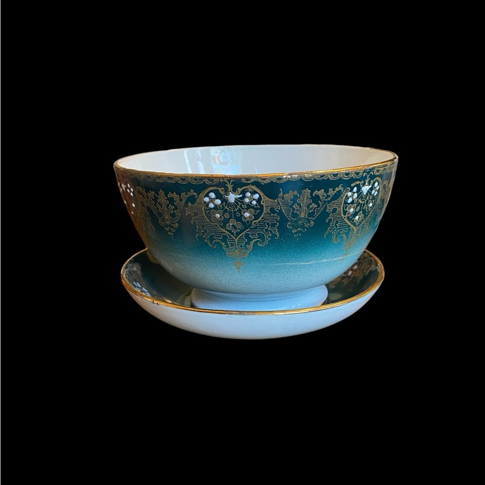 K&G Luneville France Antique Bowl & Saucer Set Keller Guerin Green Gold